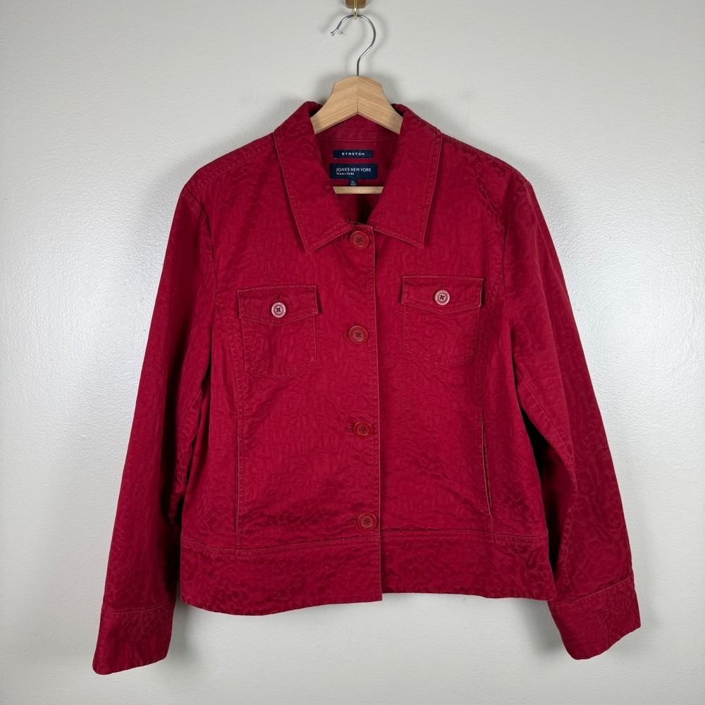 Jones New York Women's XL Jacket Red Leopard Animal Print Stretch Cotton Button
